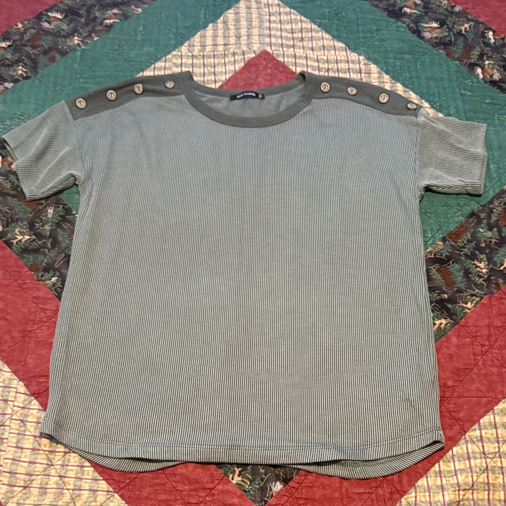 Pink Clover Gray Striped Button Shoulder Top